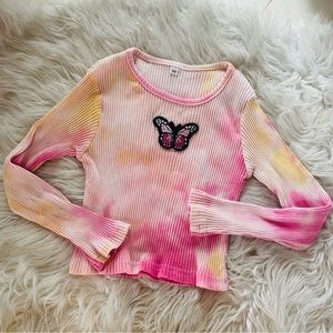 Ribbed Tie Dye Butterfly Longsleeve Girls Shirt